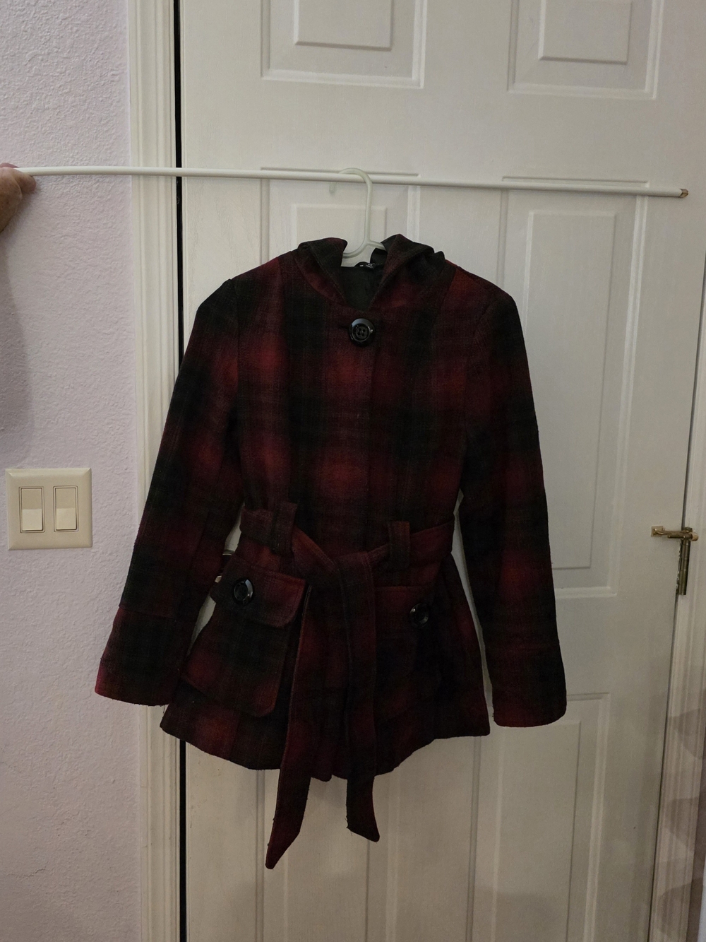 George Small Red and Black Plaid Hooded, Belted Pea Coat